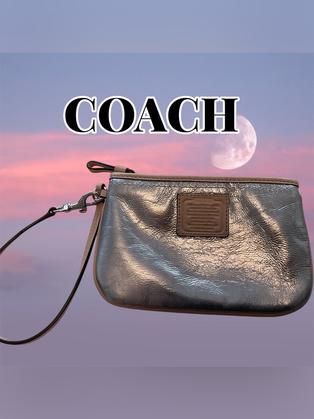 Coach Silver Wristlet with Natural Leather Trim